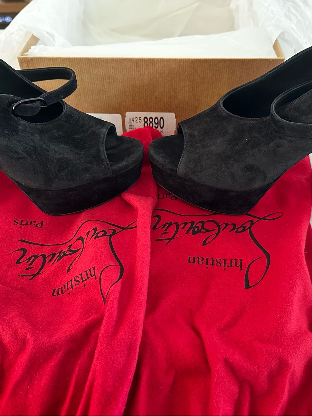 Brand New Never Worn Christian Louboutin Black Suede Platform Peep-Toe Heels - Picture 6 of 7